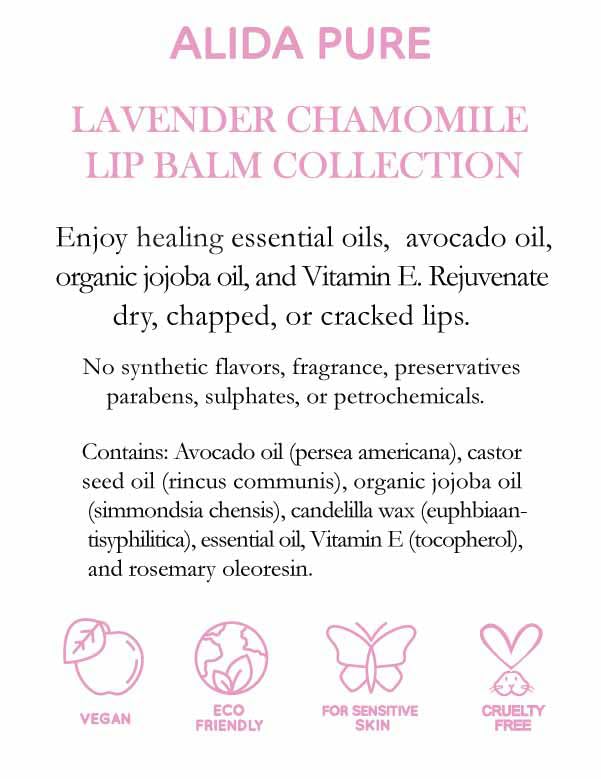 Lavender Chamomile Lip Balm Collection, Vegan Set, Beeswax Free, with Organic Jojoba and Avocado Oil, Vitamin E, Natural Moisturizer for Dry, Chapped Lips, 3 Tube Set