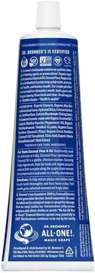 Dr. Bronner’s All-One Toothpaste Pack of 3– Peppermint, 5 oz– Fluoride-Free Toothpaste for Adults, SLS-Free, 70% Organic & Natural Ingredients, Vegan, Helps Freshen Breath & Reduce Plaque
