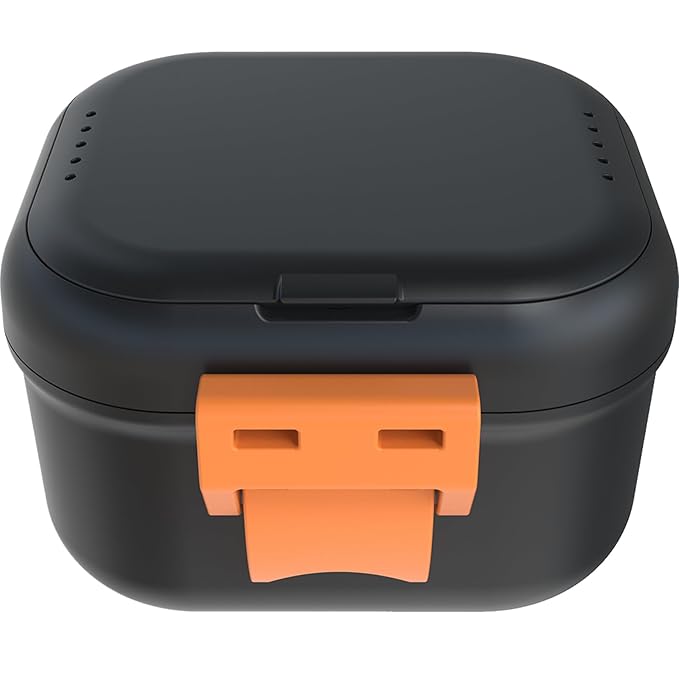 ARGOMAX Leak Proof Denture Bath Cup, Portable Soaking Denture Box, Denture Bath Case with Strainer, for Dentures and Braces, Upgraded Version with Storage Compartment (Black + Orange).