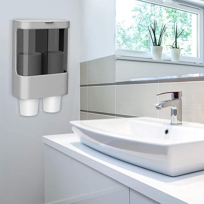 LBTING Water Cooler Cup Dispenser, Pull Type Cup Holder Wall Mounted Fit 4oz - 6oz Small Cup, Double Tube Disposable Cups Dispenser for Cone or Flat Bottom Cups – Gray