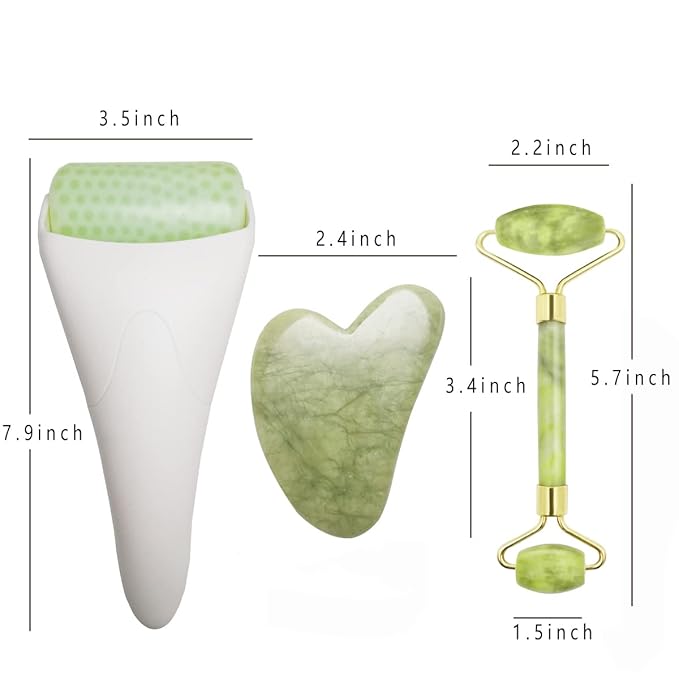 Chikoni 3 in 1 Ficial Face Ice Jade Roller and Gua Sha Tool, Natural Real Jade Anti-Wrinkle Face Eye Neck Massager Tool, Reduce Wrinkles, Puffiness, Migraine, Redness, Pain and Injury