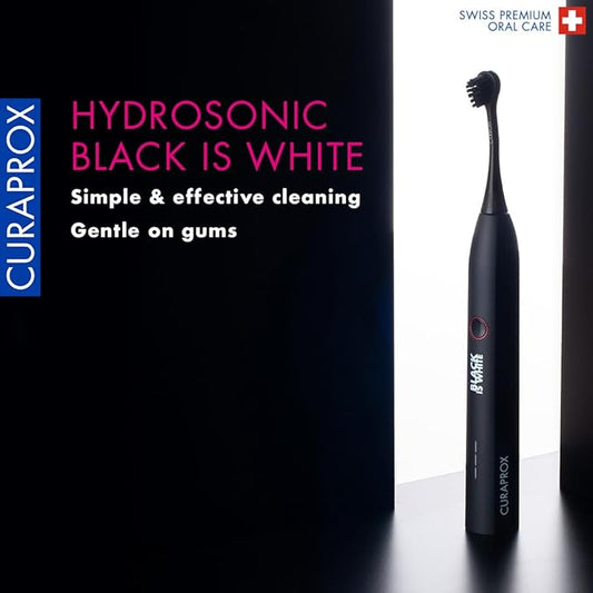 Curaprox Black is White Hydrosonic Toothbrush – Teeth Whitening and Gum Care | Ultra-Gentle Cleaning with Carbon Brush Heads | Set with Charger and Travel Case