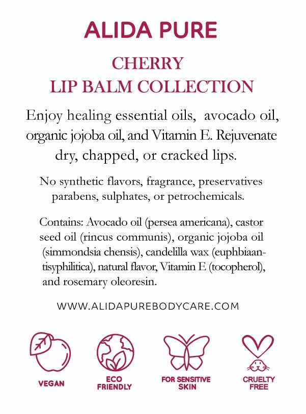 Cherry Lip Balm Collection, Vegan Set, Beeswax Free, with Organic Jojoba and Avocado Oil, Vitamin E, Natural Moisturizer for Dry, Chapped Lips, 3 Tube Set