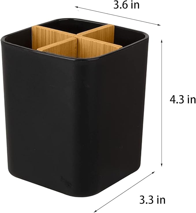 Bamboo Toothbrush Holder for Bathrooms, 4 Slots Toothbrush and Toothpaste Holder Bathroom Counter Organizer for Electric Toothbrushes, Floss, Razors - Black