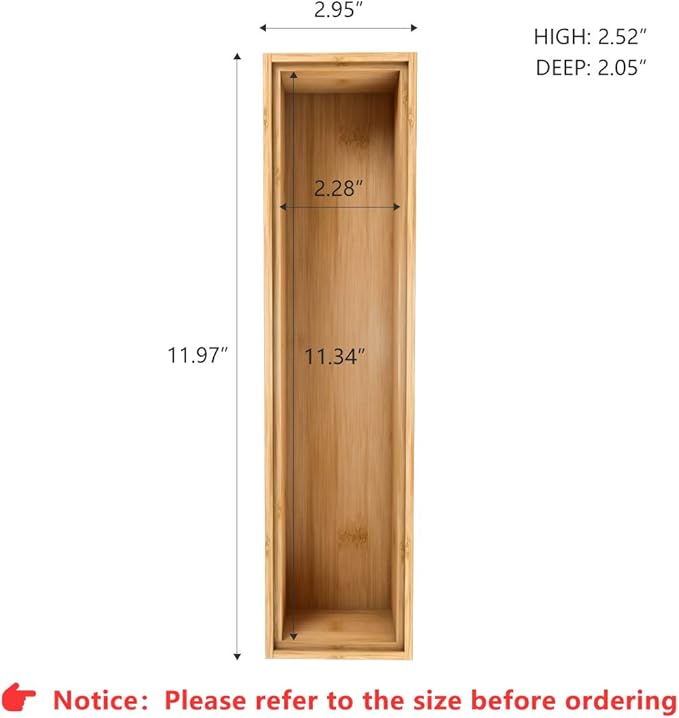 Bamboo Kitchen Drawer Organizer, Stackable Silverware Tray Utensil Organizer Cutlery Holder for Kitchen,Wooden Storage Box for Bathroom, Multi-Use Storage Bins Dividers for Office(12x3x2.5 inch)