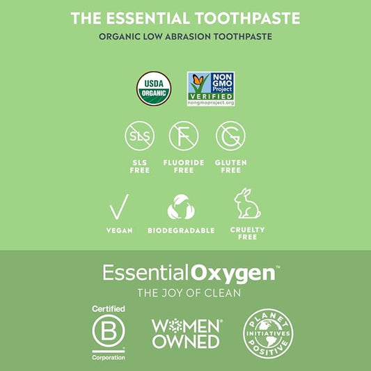 Essential Oxygen BR Certified Organic Toothpaste, for Whiter Teeth, Fresher Breath, Happier Gums, Tooth Sensitivity, Peppermint, 4 Ounce (Pack of 2)