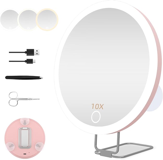 Large 6" Lighted 30x Magnified Makeup Mirror with Suction Cups & Table Stand, Travel & Home Use