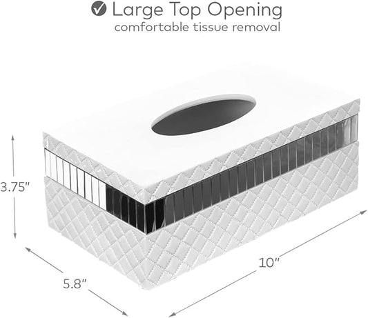 Creative Scents Quilted Mirror Rectangle Tissue Box Cover - White Tissue Box Holder Rectangular for Bathroom with Durable Bottom Slider - Tissue holders Decorative White Bathroom Accessories and Decor