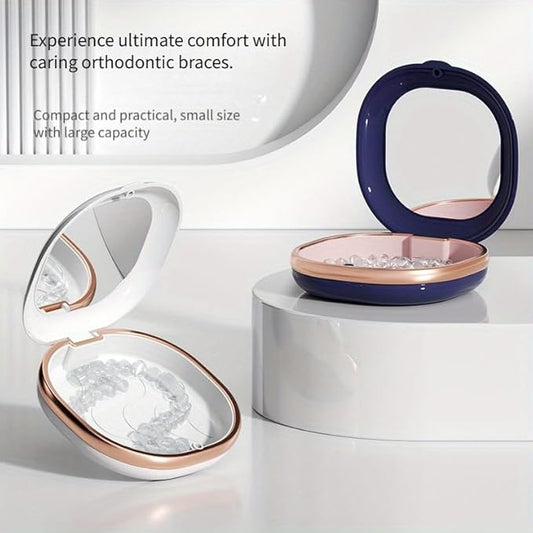 Denture Case with Mirror, Portable Retainer Case for Braces, Mouth Guards, Orthodontic Retainers, Compact, Stylish, and Travel-Friendly Denture Box (White)