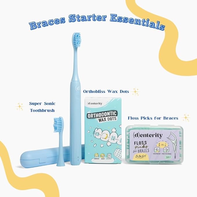 Braces Essentials Bundle Cleaning Kit for Teeth, Portable Orthodontic Toothbrush Kit Oral Care Dental Travel Kit - Sonic Toothbrush Floss Picks Wax Dots- 3pc Bundle-for Kids & Teens & Young Adults