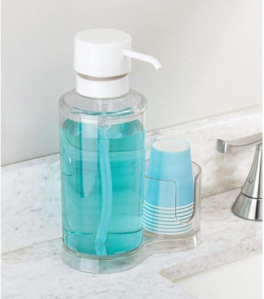 mDesign Plastic Refillable Mouthwash Dispenser and Cup Storage Organizer for Bathroom Vanity, Countertop, Cupboard - Includes 8 Paper Cups - Lumiere Collection - Clear/Matte White