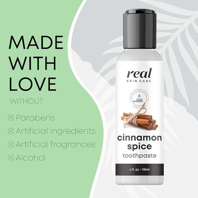Real Skin Care Coconut Toothpaste | Handmade in USA | Cinnamon Spice | All Natural Organic Fluoride-Free Toothpaste for Healthy Smiles | Flavored for Adults & Kids with Essential Oils