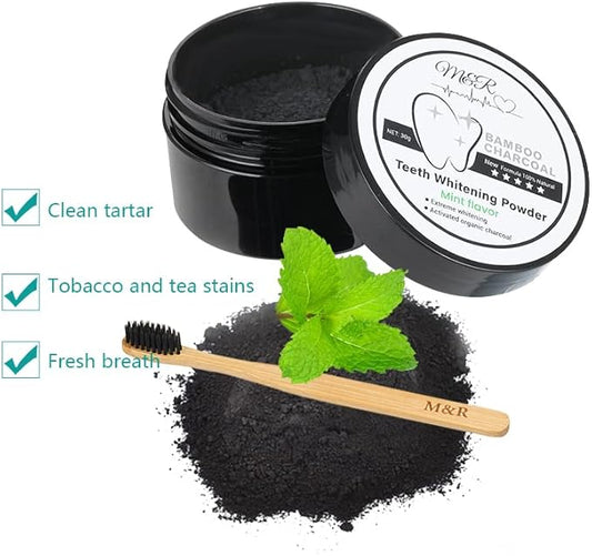 M&R New Formula More Delicate 100% Organic Activated Charcoal Teeth Whitening Powder+Bamboo Toothbrush /30g Coconut Charcoal, Effective Teeth Stain Remover and Toothpaste Alternative/Fresh Mint Taste