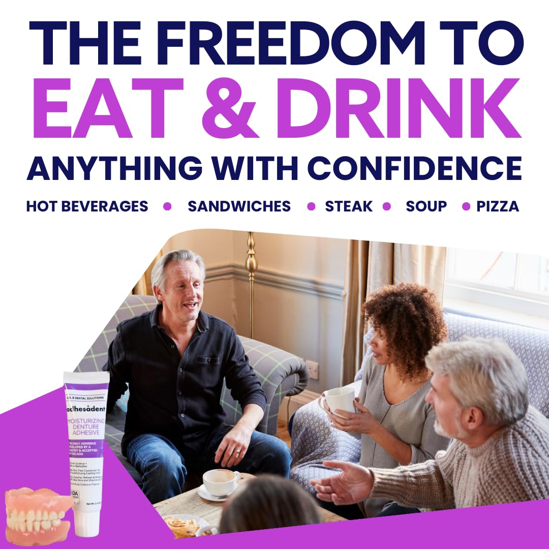 Dr. B Dental Solutions Adhesadent Moisturizing Denture Adhesive - Secure Denture Glue with Strong Grip & Natural Taste - Zinc-Free Dental Adhesive for Dentures, Overdentures - 2.4 oz