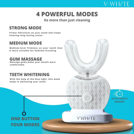 V-WHITE Ultrasonic U-Shaped Toothbrush for Teeth Whitening, Electric Toothbrush For Adults - 360° Mouth Cleansing, Hands Free Gums Protection - Wireless Charging & LED Light -Waterproof IPX7 Certified