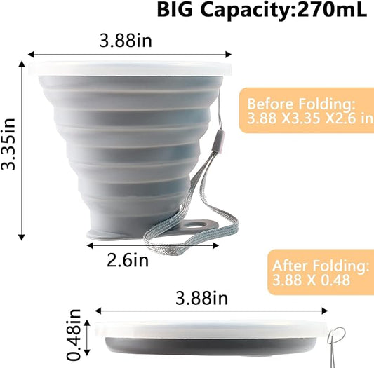 Litoexpe 2 Pack Silicone Collapsible Travel Cup Portable Folding Camping Cup Sets with Lids, Grey & Blue