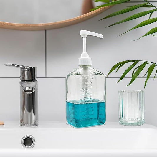 37Oz Mouthwash Dispenser with Pump for Bathroom, Large Glass Countertop Mouth Wash Container with Non-Slip Mat