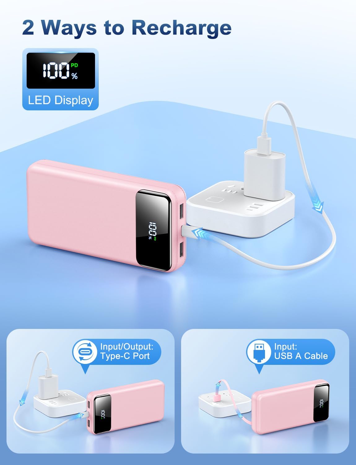 Portable Charger Power Bank 50000mAh Battery Pack, 22.5W Fast Charging PowerBank with Built in Cables,Travel Essential USB-C Portable Phone Charger for iPhone Samsung Pixel Android iPad-Pink