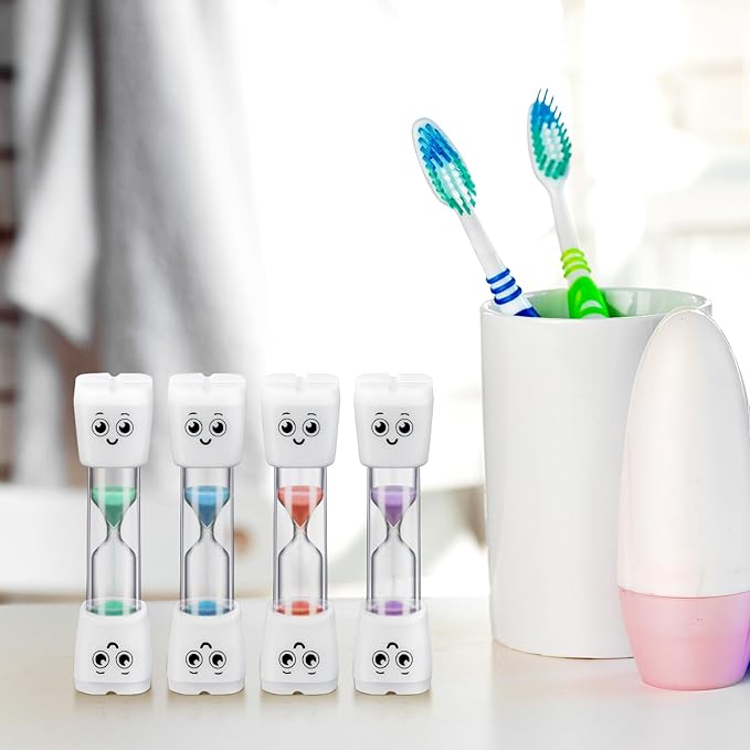Weewooday 4 Pieces Toothbrush Timer for Kids 2 Minute Sand Timer Smile Pattern Tooth Brushing for Proper Tooth Brushing Boys Girls Oral Hygiene Party Favors (Purple, Green,Pink, Blue)