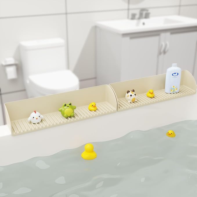 Roslim 2Pack Silicone Tub Water Splash Guard with 4 Suction Cups, Bath Toy Holder, Tub Play Shelf for Kids, Bathtub Side Splash Guard Tray, Toddler Bathroom Essentials, Beige