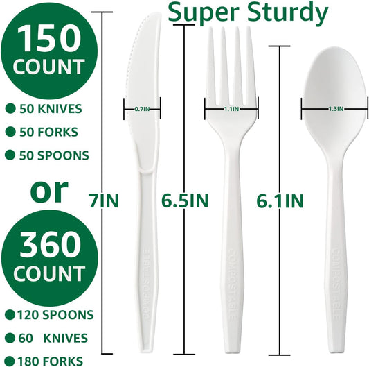 100% Compostable No Plastic Knives Forks Spoons Utensils, Heavyweight Heavy Duty Eco Friendly Flatware for Lounge Party Wedding BBQ Picnic Camping
