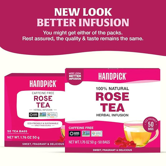 HANDPICK, Rose Buds Herbal Tea Bags - 50 Count | Caffeine Free Rose Tea with Chamomile & Tulsi | Floral & Smooth | Round Eco-conscious Tea Bags