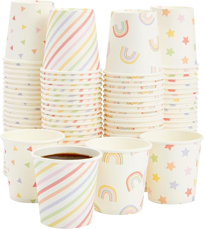 Sparkle and Bash 100 Pack 4 Oz Mini Disposable Paper Cups for Espresso, Mouthwash, Tea, Coffee - Rainbow