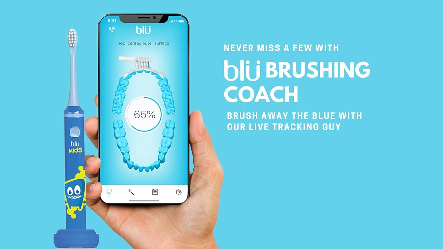 Blu Smart Bluetooth Enabled Kids Toothbrush with Live Tracking App to Teach Children Healthy Brushing Habits, Share Results with Your Dentist (Blue). Wireless Rechargeable Electric.