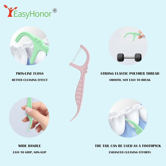 EasyHonor Dental Floss Picks,Twin-Line Lemon Flavor Dental Flossers, Dual Action Flossing System, Easy Carry and Pick, 156 Count Floss Sticks in 3 Portable case.(Pink, Mint)
