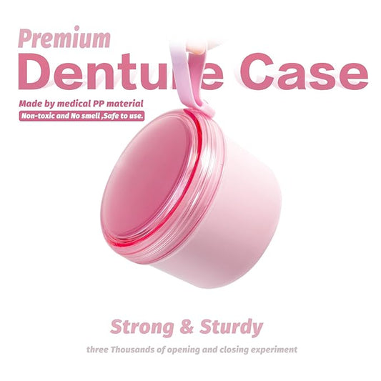Denture Bath Case Cup Box Holder Storage Soak Container with Strainer Basket for Home or Travel Denture Cleaning (pink)