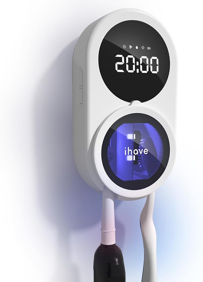 iHave Toothbrush Sanitizer Holder, UV Toothbrush Holders with 100M Negative Ions for 360° Disinfection, Mold Control & Odor Neutralization, Heated & Fan Drying 2-Slot Toothbrush Holder Wall Mounted