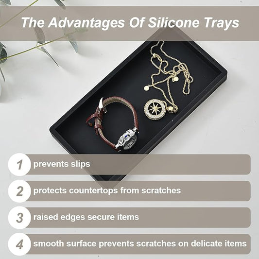 2PCS(7.87” L and 11.8” L) Silicone Soap Dispenser Tray, Kitchen soap Caddy countertop, Toilet, Black Tray for Scrubber, Lotion Bottles, Perfume, Jewelry, Candle, Key Trinket Ring-Black