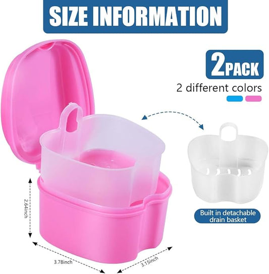2 Pack Colors Denture Bath Case Cup Box Holder Storage Soak Container with Strainer Basket for Travel Cleaning (Light Blue and Pink)