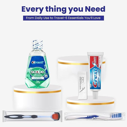 Trektote Travel Toothbrush and Toothpaste Set - 6 Piece Dental Care Kit, TSA Compliant, Includes Toothpaste, Toothbrush, Mouthwash, Tongue Cleaner, Flosses and Premium Toiletry Bag