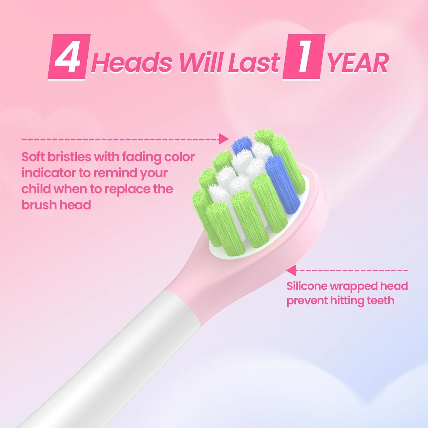 YUNCHI K5 Kids Electric Toothbrush Rechargeable with Waterproof Stickers, 3 Modes with 2 Minutes Timer, Toddler Children Sonic Toothbrush for Girls Ages 3-12, 4 Replacement Heads Soft Bristles, Pink