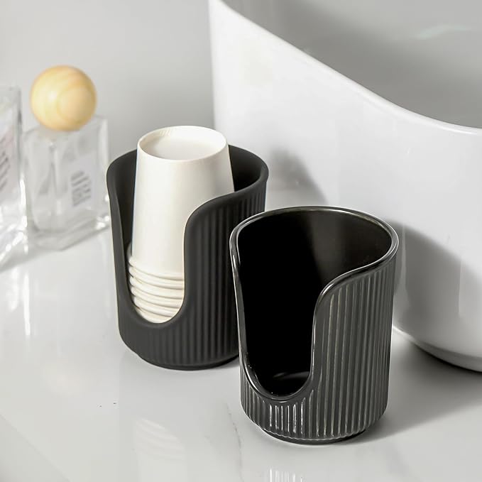 Ceramic Bathroom Cup Dispenser with Stylish Vertical Stripes - Disposable Mouthwash Cup Holder Holds 3-4oz Paper Cups for Rinsing Cups on Bathroom Vanity Countertops (Matte Black)