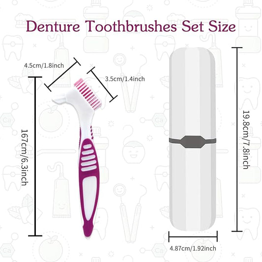 Denture Brush, 2 Pcs False Teeth Toothbrush with White Carrying Case, Multi-Tiered Bristles with Comfort Grip Handle for Effective Denture Cleaning