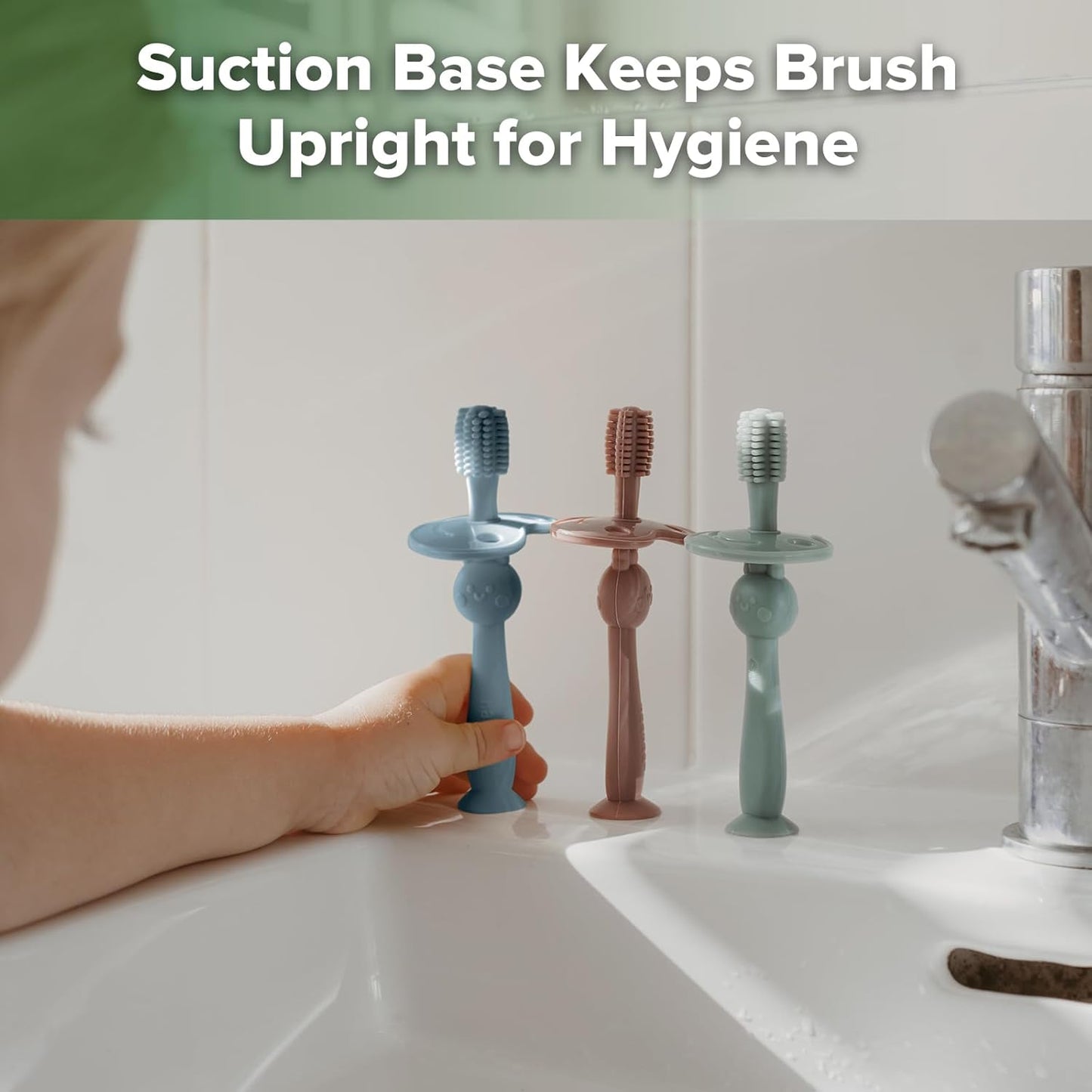 haakaa 360° Baby Toothbrush with Suction Base - Gentle Cleaning for Toddler's Self-Brushing Training, Food-Grade Silicone, Adjustable Safety Shield - Sky Blue (1 Piece)