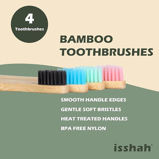 Kids Bamboo Toothbrushes Biodegradable Handle BPA Free Eco Friendly Children Size, Pack of 4