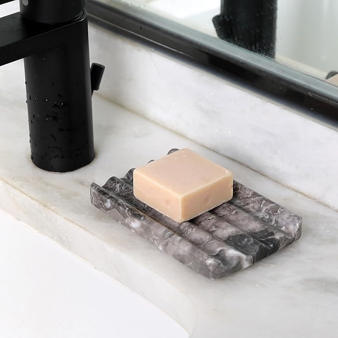 Marble Soap Dish, Bar Soap Holder Shower, Brown Soaps Saver with Water Ripple Design, Easy Cleaning Stone Sponge Holder for Kitchen Sink,Bathroom, Executive Natural Stone Soap Tray