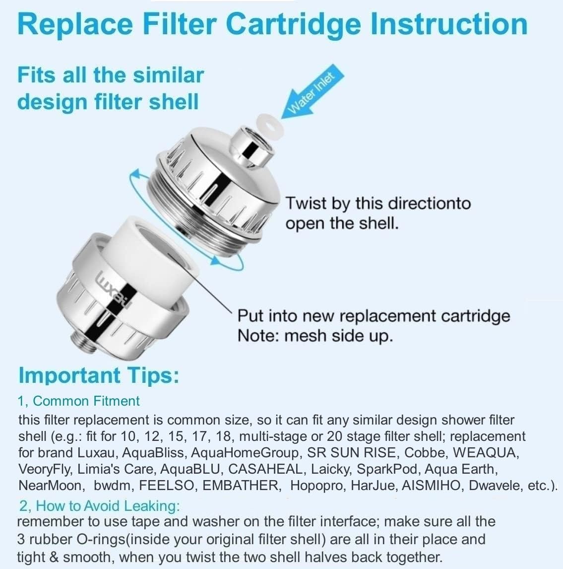 2 Pc Luxau 20 Stage(Also Fit 15, 18 Stage) Shower Filter Replacement Cartridge, Shower Head Filter Refill, for Hard Water Chlorine Heavy Metal, Skin Hair, Fit Any Similar Design Shower Water Filter