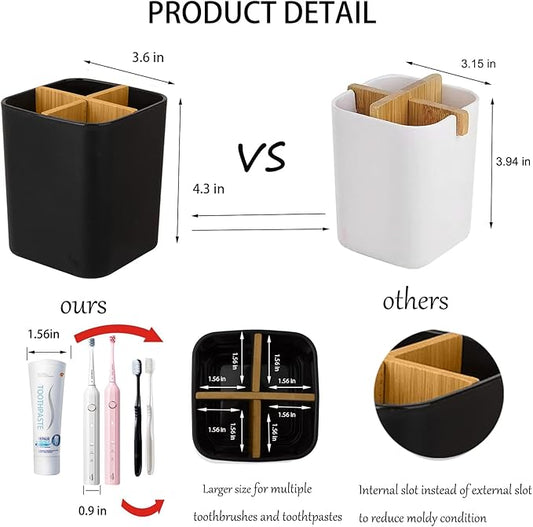 Bamboo Toothbrush Holder for Bathrooms, 4 Slots Toothbrush and Toothpaste Holder Bathroom Counter Organizer for Electric Toothbrushes, Floss, Razors - Black
