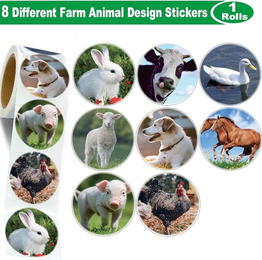 Farm Animal Stickers Roll for Kids 600Pcs Round Farm Animals Label Stickers for Boys Girls Birthday Party Favors Gifts Decoration Teachers Student Classroom Reward 1.5 Inch