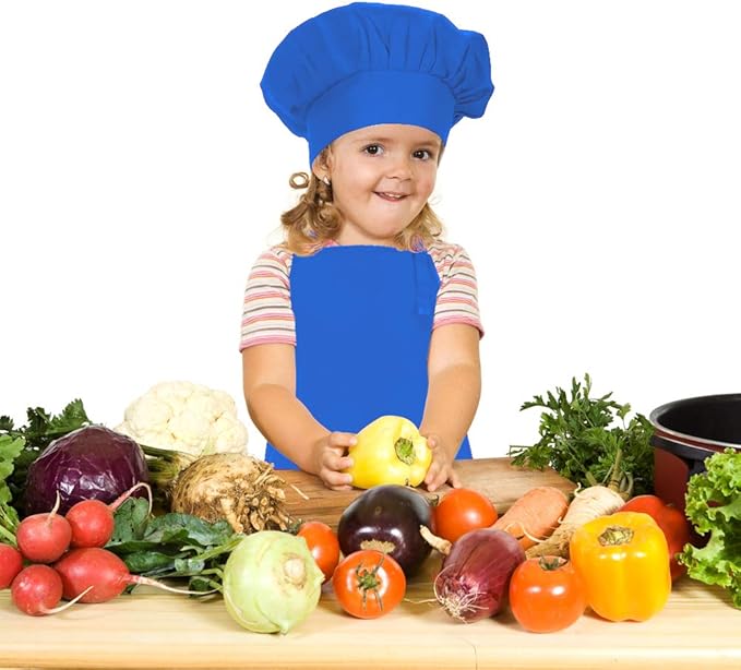 Kids Apron and Chef Hat Set, Adjustable Cotton Child Aprons with Large Pocket Blue Girls Boys Kitchen Bib Aprons for Cooking Baking Painting