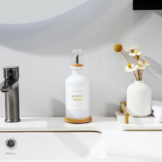 11.8OZ Mouthwash Dispenser for Bathroom with Bamboo & Stainless Steel Pour Spout, Mouthwash Cup Reusable, Bamboo Tray, and Elegant Gold Label. (White