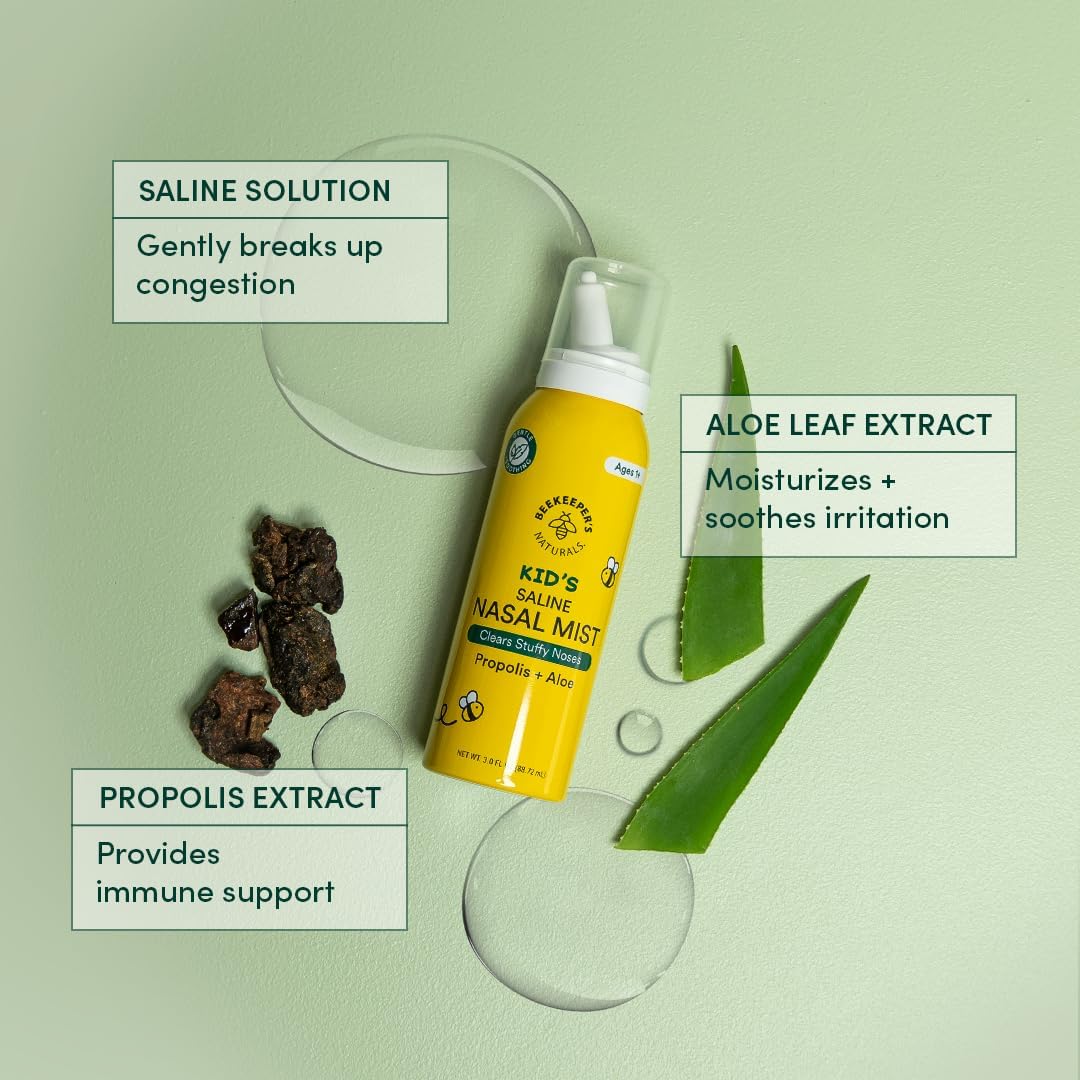 Kids' Saline Nasal Mist by Beekeeper's Naturals, Clears Stuff Noses, Nasal Spray for Kids 1+ w/ Saline, Aloe & Propolis, 3 fl oz