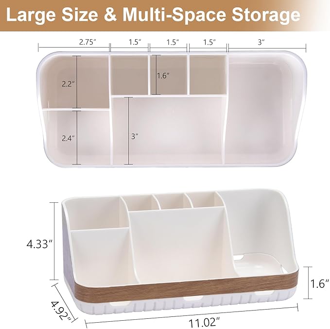 Bathroom Countertop Organizer - Detachable 7 Slots Kids Electric Toothbrush and Toothpaste Holde Drainage for Bathroom Accessories Organization Counter Vanity Storage, Woodgrain