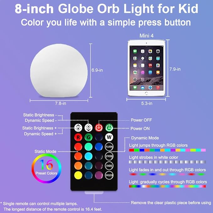 8-in LED Glowing Ball Light for Kid, 16 RGB Color Changing Globe Orb Night Light Mood Lamp w/Remote, Rechargeable Light Up Ball Dimmable Sphere Bedside Lamp, Great for Bedroom Garden Patio Party Decor
