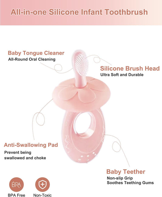 Baby Toothbrush & Teether for Infant and Toddler, Silicone Baby Oral and Tongue Cleaner, Ultra Soft Infant Training Toothbrush with Travel Case, Adjustable Safety Shield - Pink