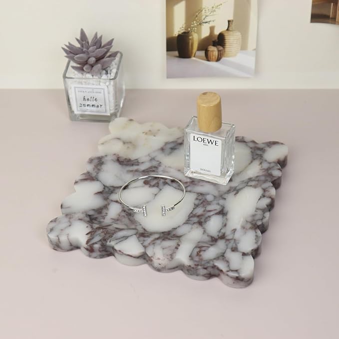 Square Marble Decorative Tray with Scalloped Edge, Luxury Natural Stone Bathroom Vanity Tray, Dresser Top Perfume Coffee Home Kitchen Sink Tray, Key Trinket Ring